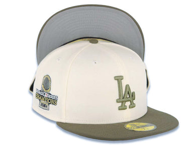 Los Angeles Dodgers New Era MLB 59FIFTY 5950 Fitted Cap Hat Cream Crown Olive Green Visor Olive Green Logo 2024 World Series Side Patch