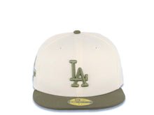 Load image into Gallery viewer, Los Angeles Dodgers New Era MLB 59FIFTY 5950 Fitted Cap Hat Cream Crown Olive Green Visor Olive Green Logo 2024 World Series Side Patch

