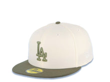 Load image into Gallery viewer, Los Angeles Dodgers New Era MLB 59FIFTY 5950 Fitted Cap Hat Cream Crown Olive Green Visor Olive Green Logo 2024 World Series Side Patch
