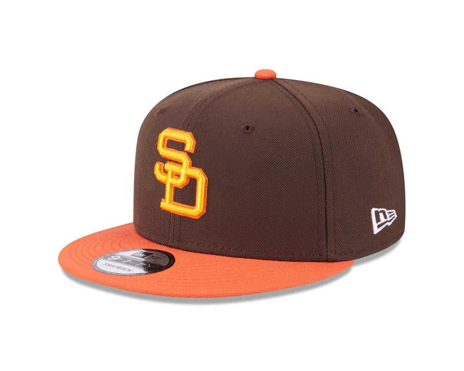 San Diego Padres New Era MLB 9FIFTY 950 Snapback Cap Hat Brown Crown Orange Visor Yellow/Orange Cooperstown Logo