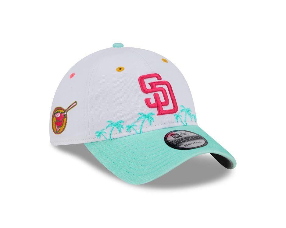 San Diego Padres New Era MLB 9TWENTY 920 Adjustable Cap Hat White Crown Teal Visor Magenta Logo Swinging Friar Side Patch (City Connect)