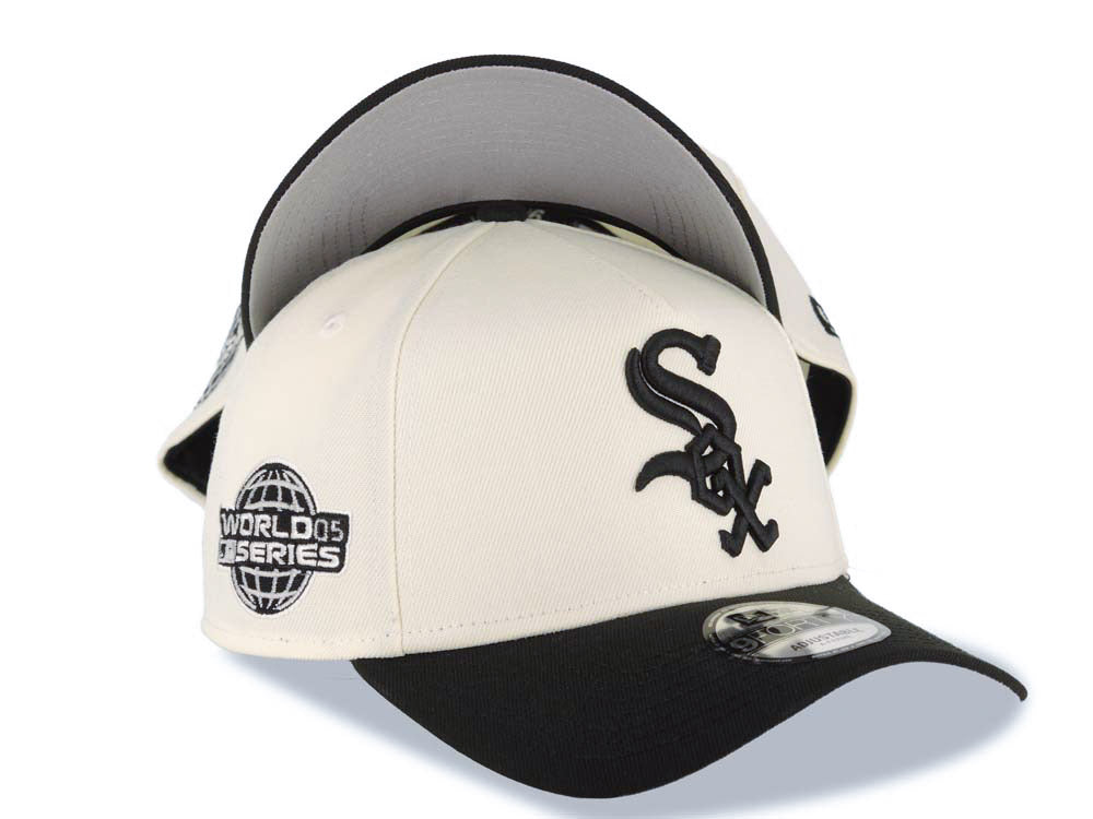 Chicago White Sox New Era MLB 9FORTY 940 Adjustable A-Frame Cap Hat Cream Crown Black Visor Black Logo 2005 World Series Side Patch