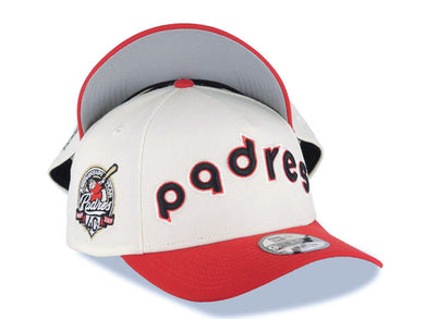San Diego Padres New Era MLB 9FORTY 940 Adjustable A-Frame Cap Hat Cream Crown Red Visor Black/Red Script/Text Logo 40th Anniversary Side Patch Gray UV