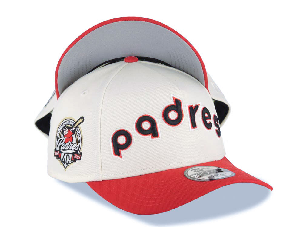 San Diego Padres New Era MLB 9FORTY 940 Adjustable A-Frame Cap Hat Cream Crown Red Visor Black/Red Script/Text Logo 40th Anniversary Side Patch Gray UV