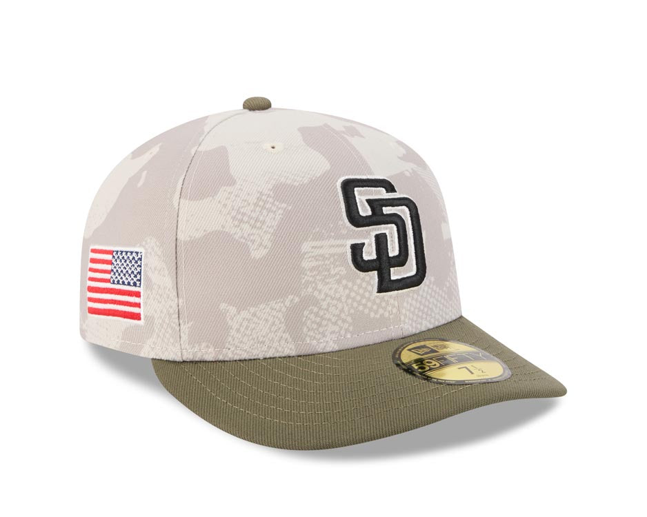 San Diego Padres New Era MLB 59FIFTY 5950 Fitted Cap Hat White Camo Crown Olive Green Visor Black/White Logo (2025 Armed Forces Day)