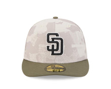 Load image into Gallery viewer, San Diego Padres New Era MLB 59FIFTY 5950 Fitted Cap Hat White Camo Crown Olive Green Visor Black/White Logo (2025 Armed Forces Day)
