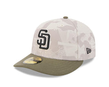 Load image into Gallery viewer, San Diego Padres New Era MLB 59FIFTY 5950 Fitted Cap Hat White Camo Crown Olive Green Visor Black/White Logo (2025 Armed Forces Day)
