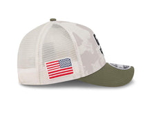 Load image into Gallery viewer, San Diego Padres New Era MLB 9FORTY 940 Adjustable M-Crown Mesh Cap Hat White Camo Crown Olive Green Visor Black/White Logo (2025 Armed Forces Day)
