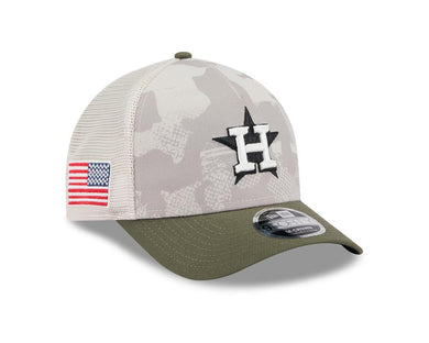 Houston Astros New Era MLB 9FORTY 940 Adjustable Mesh M-Crown Cap Hat White Camo Crown Olive Green Visor White/Black Logo (2025 Armed Forces Day)