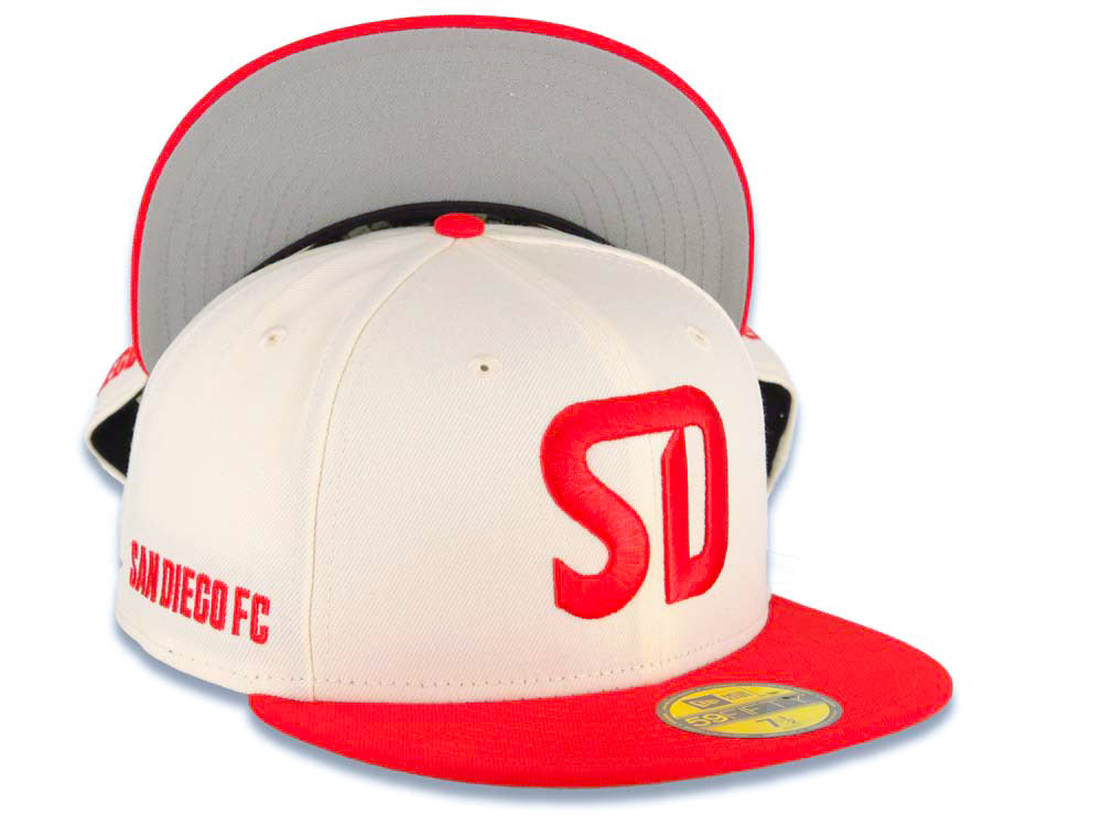 San Diego FC New Era MLS 59FIFTY 5950 Fitted Cap Hat Cream Crown Red Visor Red Logo Gray UV