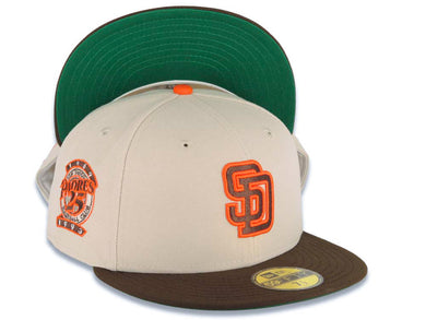 San Diego Padres New Era MLB 59FIFTY 5950 Fitted Cap Hat Stone Crown Brown Visor Brown/Orange Logo 25th Anniversary Side Patch Green UV