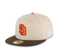 Load image into Gallery viewer, San Diego Padres New Era MLB 59FIFTY 5950 Fitted Cap Hat Stone Crown Brown Visor Brown/Orange Logo 25th Anniversary Side Patch Green UV
