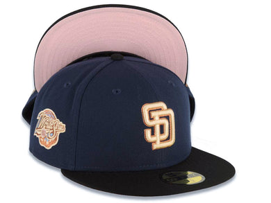 San Diego Padres New Era MLB 59FIFTY 5950 Fitted Cap Hat Navy Blue Crown Black Visor Light Khaki/Brown Logo 1998 World Series Side Patch
