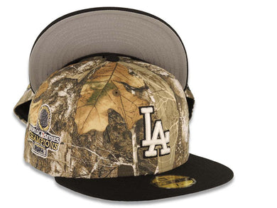 Los Angeles Dodgers New Era MLB 59FIFTY 5950 Fitted Cap Hat Real Tree Edge Camo Crown Black Visor White/Black Logo 2024 World Series Champions Side Patch
