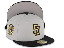 Load image into Gallery viewer, San Diego Padres New Era MLB 59FIFTY 5950 Fitted Cap Hat Gray Crown Black Visor Black/Yellow Logo 25th Anniversary Side Patch Gray UV
