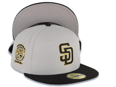 San Diego Padres New Era MLB 59FIFTY 5950 Fitted Cap Hat Gray Crown Black Visor Black/Yellow Logo 25th Anniversary Side Patch Gray UV