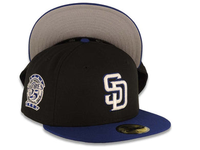 San Diego Padres New Era MLB 59FIFTY 5950 Fitted Cap Hat Black Crown Royal Blue Visor White/Blue Logo 25th Anniversary Side Patch Gray UV