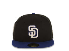 Load image into Gallery viewer, San Diego Padres New Era MLB 59FIFTY 5950 Fitted Cap Hat Black Crown Royal Blue Visor White/Blue Logo 25th Anniversary Side Patch Gray UV
