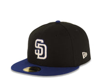 Load image into Gallery viewer, San Diego Padres New Era MLB 59FIFTY 5950 Fitted Cap Hat Black Crown Royal Blue Visor White/Blue Logo 25th Anniversary Side Patch Gray UV
