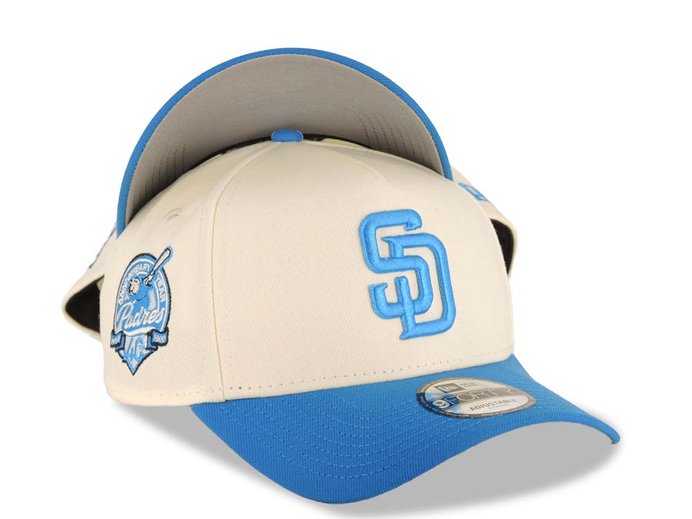 San Diego Padres New Era MLB 9FORTY 940 Adjustable A-Frame Cap Hat Cream Crown Light Blue Visor Blue Logo 40th Anniversary Side Patch Gray UV