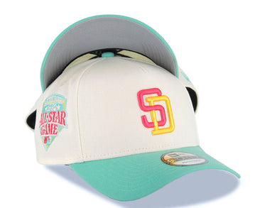San Diego Padres New Era MLB 9FORTY 940 Adjustable A-Frame Cap Hat Cream Crown Light Teal Visor Magenta/Yellow Logo 1992 All-Star Game Side Patch