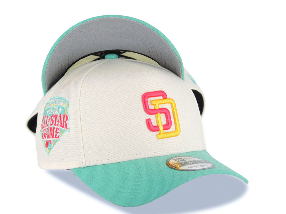 San Diego Padres New Era MLB 9FORTY 940 Adjustable A-Frame Cap Hat Cream Crown Light Teal Visor Magenta/Yellow Logo 1992 All-Star Game Side Patch