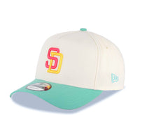 Load image into Gallery viewer, San Diego Padres New Era MLB 9FORTY 940 Adjustable A-Frame Cap Hat Cream Crown Light Teal Visor Magenta/Yellow Logo 1992 All-Star Game Side Patch
