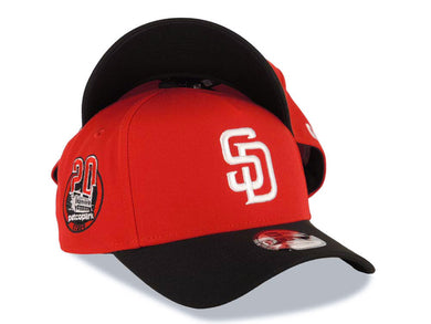 San Diego Padres New Era MLB 9FORTY 940 Adjustable A-Frame Cap Hat Red Crown Black Visor White Logo 20th Anniversary Petco Park Side Patch