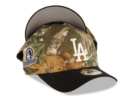 Los Angeles Dodgers New Era MLB 9FORTY 940 Adjustable A-Frame Cap Hat Real Tree Edge Camo Crown Black Visor White Logo 2024 World Series Champions Side Patch
