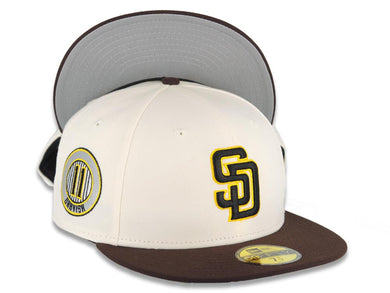 San Diego Padres New Era MLB 59FIFTY 5950 Fitted Cap Hat Cream Crown Brown Visor Yellow/Black Logo Yu Darvish 11 Side Patch