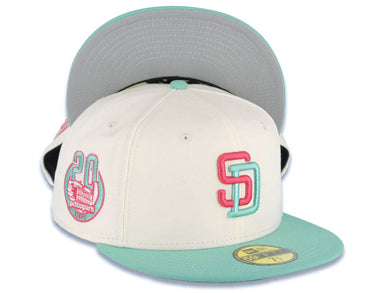 San Diego Padres New Era MLB 59FIFTY 5950 Fitted Cap Hat White Crown Light Teal Visor Magenta/Teal Logo 20th Anniversary Petco Park Side Patch Gray UV