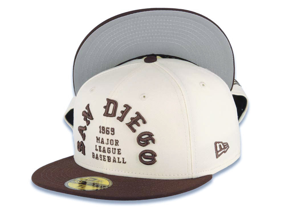 San Diego Padres New Era MLB 59FIFTY 5950 Fitted Cap Hat Cream Crown Brown Visor Brown Script Logo 1969 Major League Baseball Gray UV