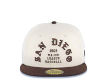 Load image into Gallery viewer, San Diego Padres New Era MLB 59FIFTY 5950 Fitted Cap Hat Cream Crown Brown Visor Brown Script Logo 1969 Major League Baseball Gray UV

