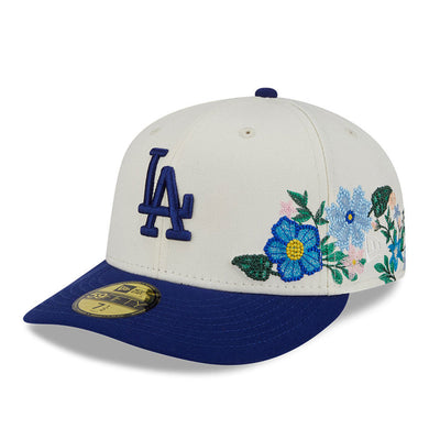 Los Angeles Dodgers New Era MLB 59FIFTY 5950 Fitted Cap Hat Cream Crown Royal Blue Visor Royal Blue Logo Green UV (Tonal Florals)
