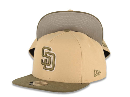 (Youth) San Diego Padres New Era MLB 9FIFTY 950 Snapback A-Frame Kid Cap Hat Khaki Crown Olive Green Visor Olive Green/White Logo