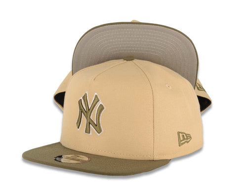 (Youth) New York Yankees New Era MLB 9FIFTY 950 Kid A-Frame Snapback Cap Hat Khaki Crown Olive Green Visor Olive Green/White Logo