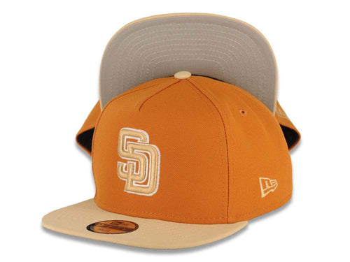 (Youth) San Diego Padres New Era MLB 9FIFTY 950 Kid Snapback A-Frame Cap Hat Light Brown Crown Khaki Visor Khaki/White Logo