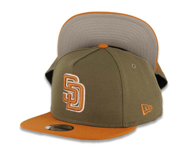(Youth) San Diego Padres New Era MLB 9FIFTY 950 Snapback A-Frame Kid Cap Hat Olive Green Crown Light Brown Visor Light Brown/White Logo Gray UV