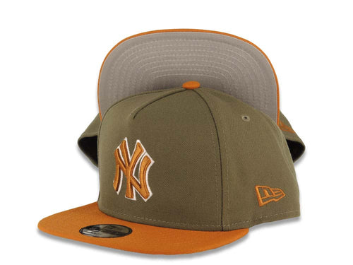 (Youth) New York Yankees New Era MLB 9FIFTY 950 Snapback Kid A-Frame Cap Hat Olive Green Crown Light Brown Visor Light Brown/White Logo Gray UV