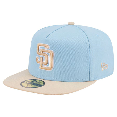 (Youth) San Diego Padres New Era MLB 59FIFTY 5950 Kid A-Frame Fitted Cap Hat Aqua Blue Crown Light Khaki Visor Khaki/White Logo (2-Tone Color Pack)