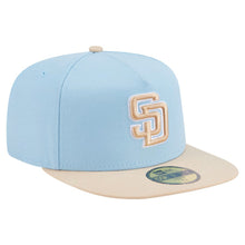 Load image into Gallery viewer, (Youth) San Diego Padres New Era MLB 59FIFTY 5950 Kid A-Frame Fitted Cap Hat Aqua Blue Crown Light Khaki Visor Khaki/White Logo (2-Tone Color Pack)
