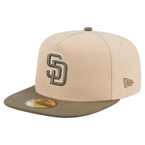 (Youth) San Diego Padres New Era MLB 59FIFTY 5950 Kid A-Frame Fitted Cap Hat Light Khaki Crown Olive Green Visor Green/White Logo (2-Tone Color Pack)