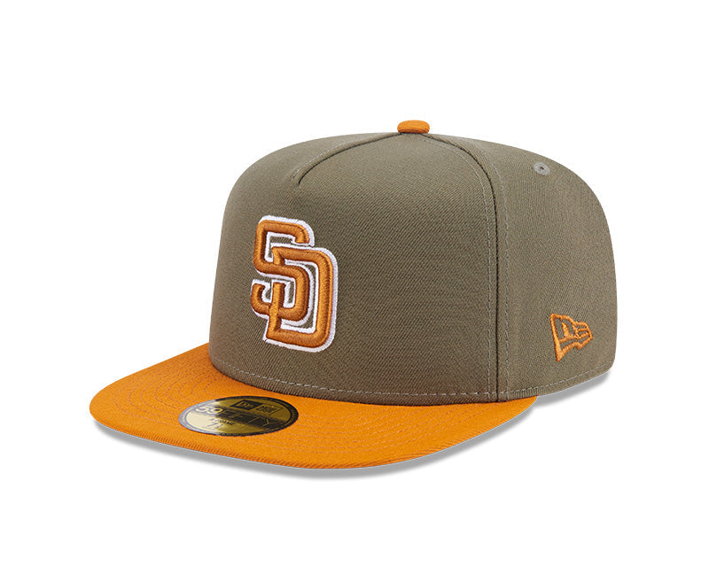 (Youth) San Diego Padres New Era MLB 59FIFTY 5950 Kid A-Frame Fitted Cap Hat Olive Green Crown Brown Visor Brown/White Logo (2-Tone Color Pack)