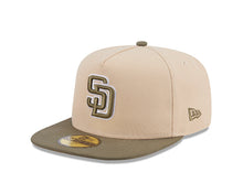 Load image into Gallery viewer, San Diego Padres New Era MLB 59FIFTY 5950 Fitted A-Frame Cap Hat Light Khaki Crown Olive Green Visor Green/White Logo (2-Tone Color Pack)
