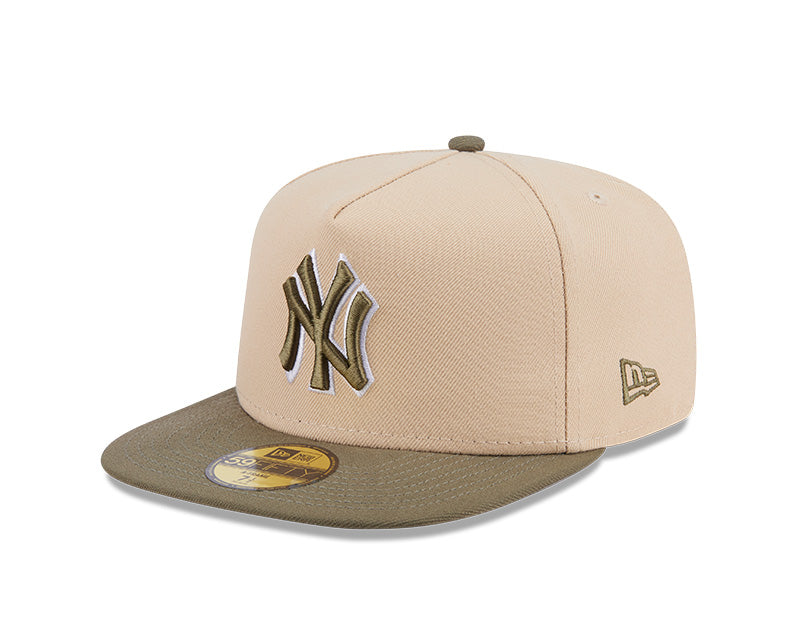 New York Yankees New Era MLB 59FIFTY 5950 Fitted A-Frame Cap Hat Light Khaki Crown Olive Green Visor Green/White Logo (2-Tone Color Pack)
