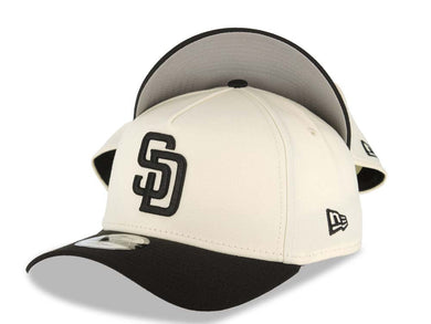 San Diego Padres New Era MLB 9FORTY 940 Adjustable A-Frame Cap Hat Cream Crown Black Visor Black Logo Gray UV