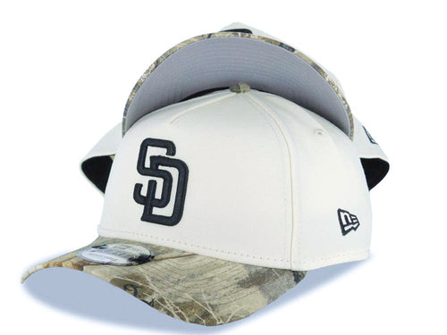 San Diego Padres New Era MLB 9FORTY 940 Adjustable A-Frame Cap Hat Cream Crown Real Tree Edge Camo Visor Black Logo