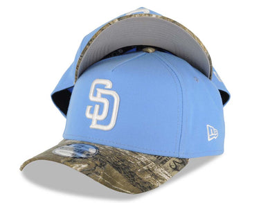 San Diego Padres New Era MLB 9FORTY 940 Adjustable A-Frame Cap Hat Sky Blue Crown Real Tree Edge Camo Visor White Logo Gray UV