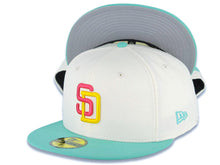 Load image into Gallery viewer, San Diego Padres New Era MLB 59FIFTY 5950 Fitted Cap Hat Cream Crown Light Teal Visor Magenta/Yellow Logo Gray UV
