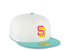 Load image into Gallery viewer, San Diego Padres New Era MLB 59FIFTY 5950 Fitted Cap Hat Cream Crown Light Teal Visor Magenta/Yellow Logo Gray UV
